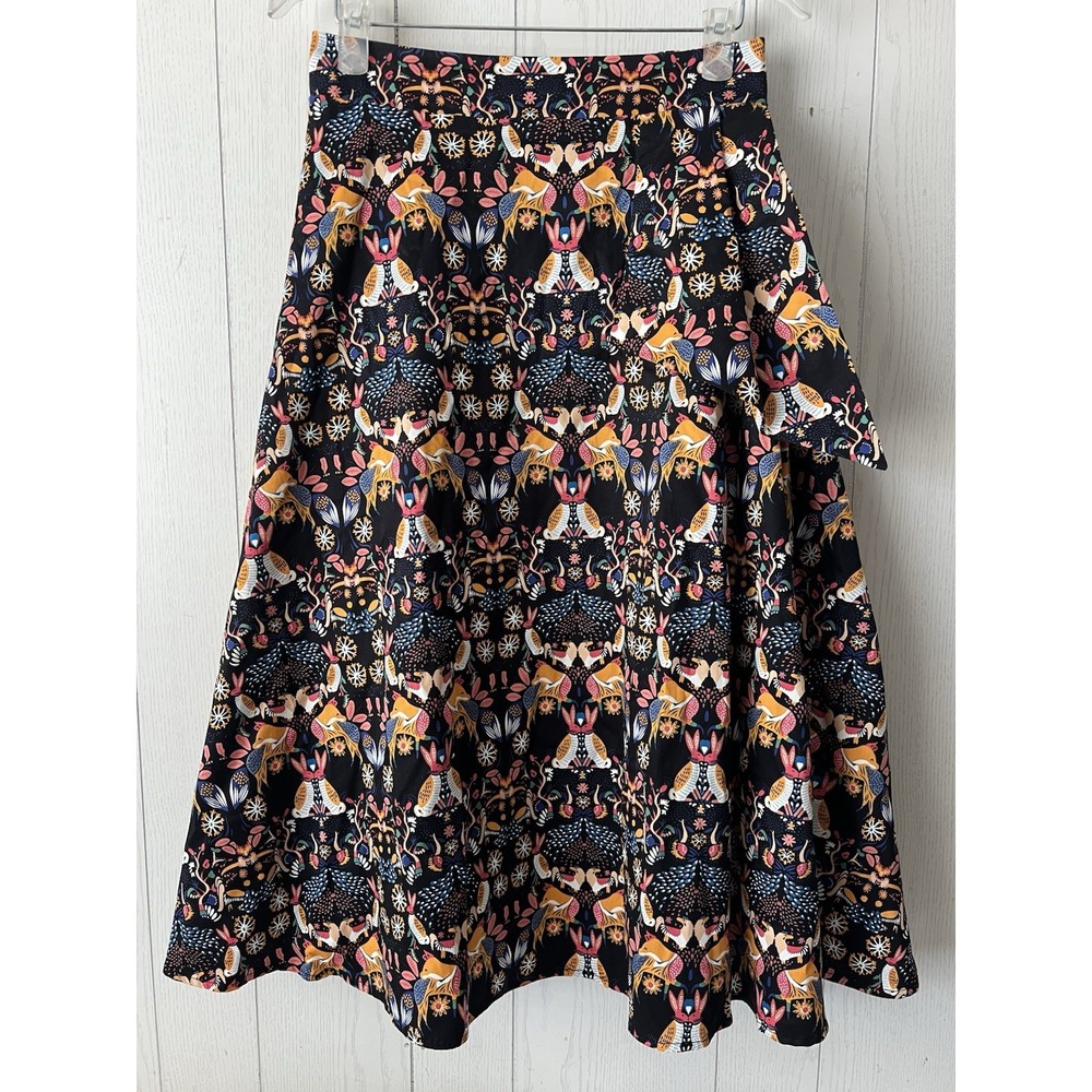 Anthropologie Eva Franco Whimsy Midi Skirt Woodland Story Folk Art A-line Sz 10
